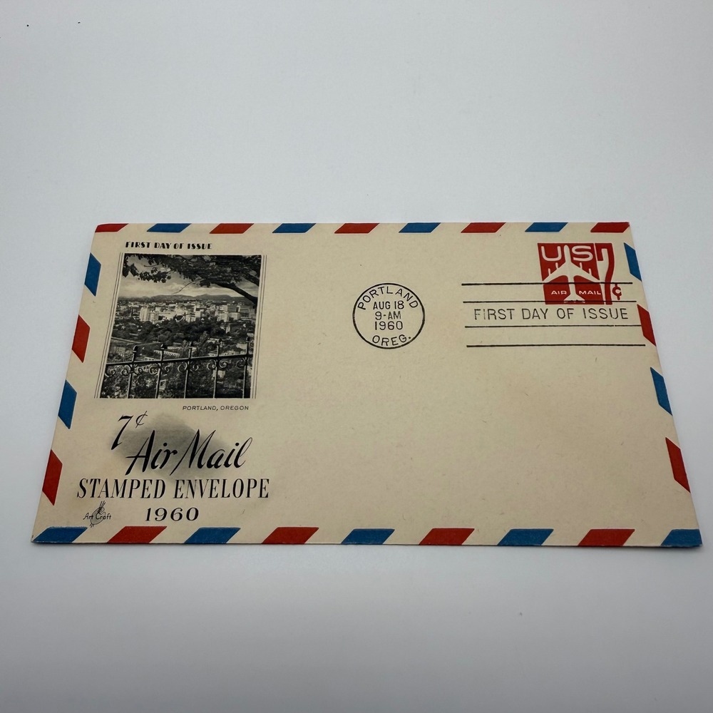 Vintage 1960 Art Craft First Day of Issue 7c Air Mail Stamped Envelope Portland